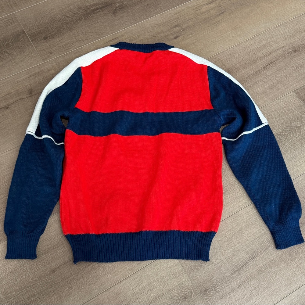 Vintage Mergers Sweater Men M Red Blue Acrylic Pullover Tight Knit 90s Crew Neck - Picture 3 of 7